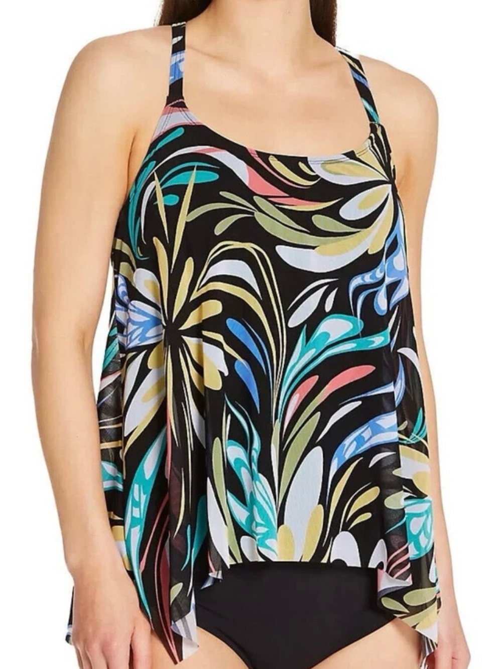 Coco Reef Black Floral Swirl Camisole with Teal, Pink, Cream, Blue Accents